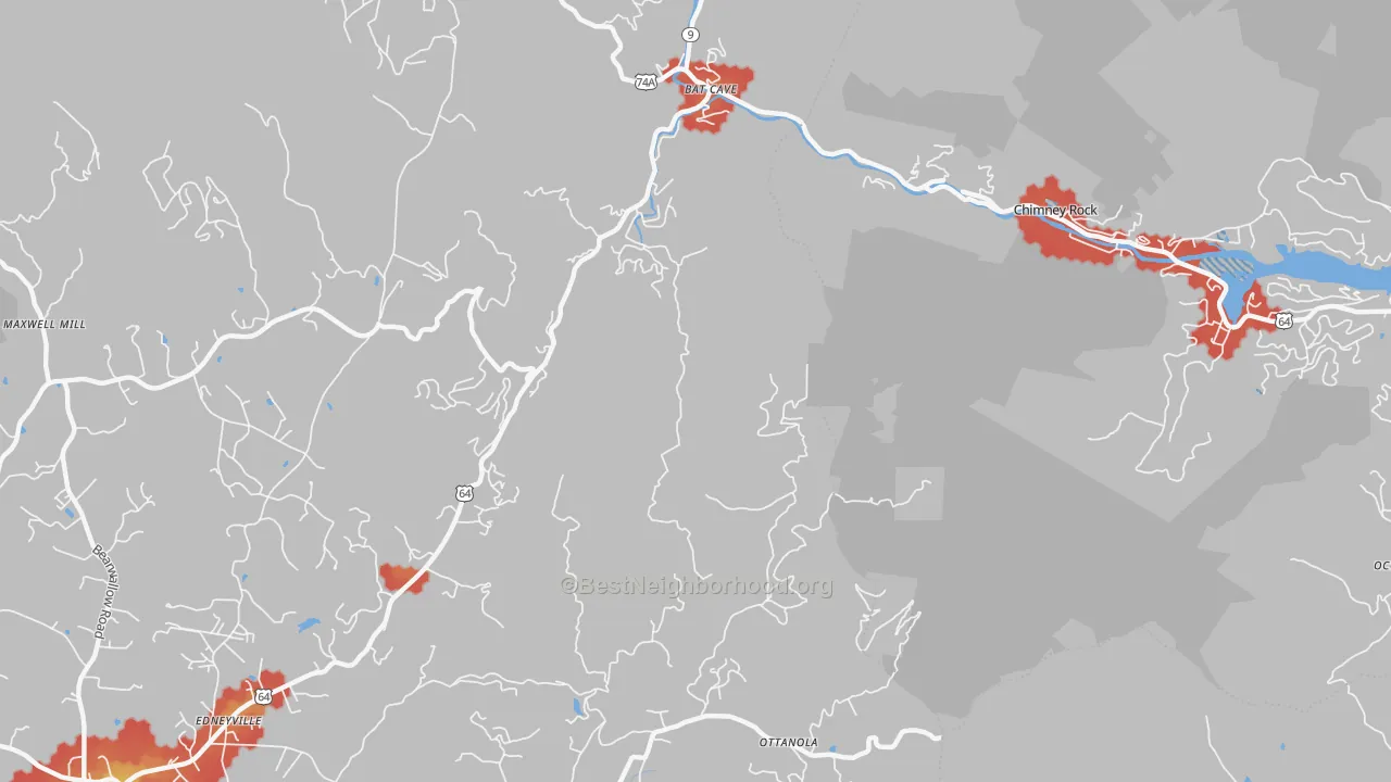 Walk Grade map of Chimney Rock, NC, walkable areas in green and car-dependent areas in red