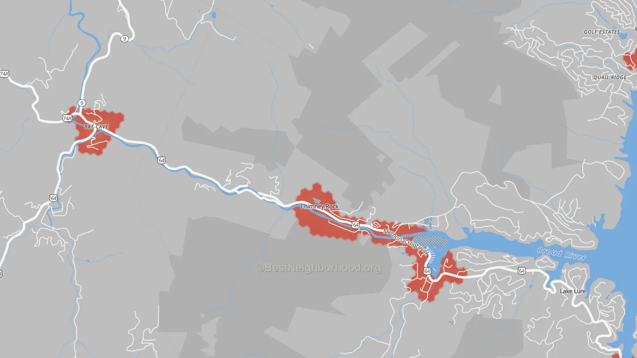 Walk Grade map of Chimney Rock Village, NC, walkable areas in green and car-dependent areas in red