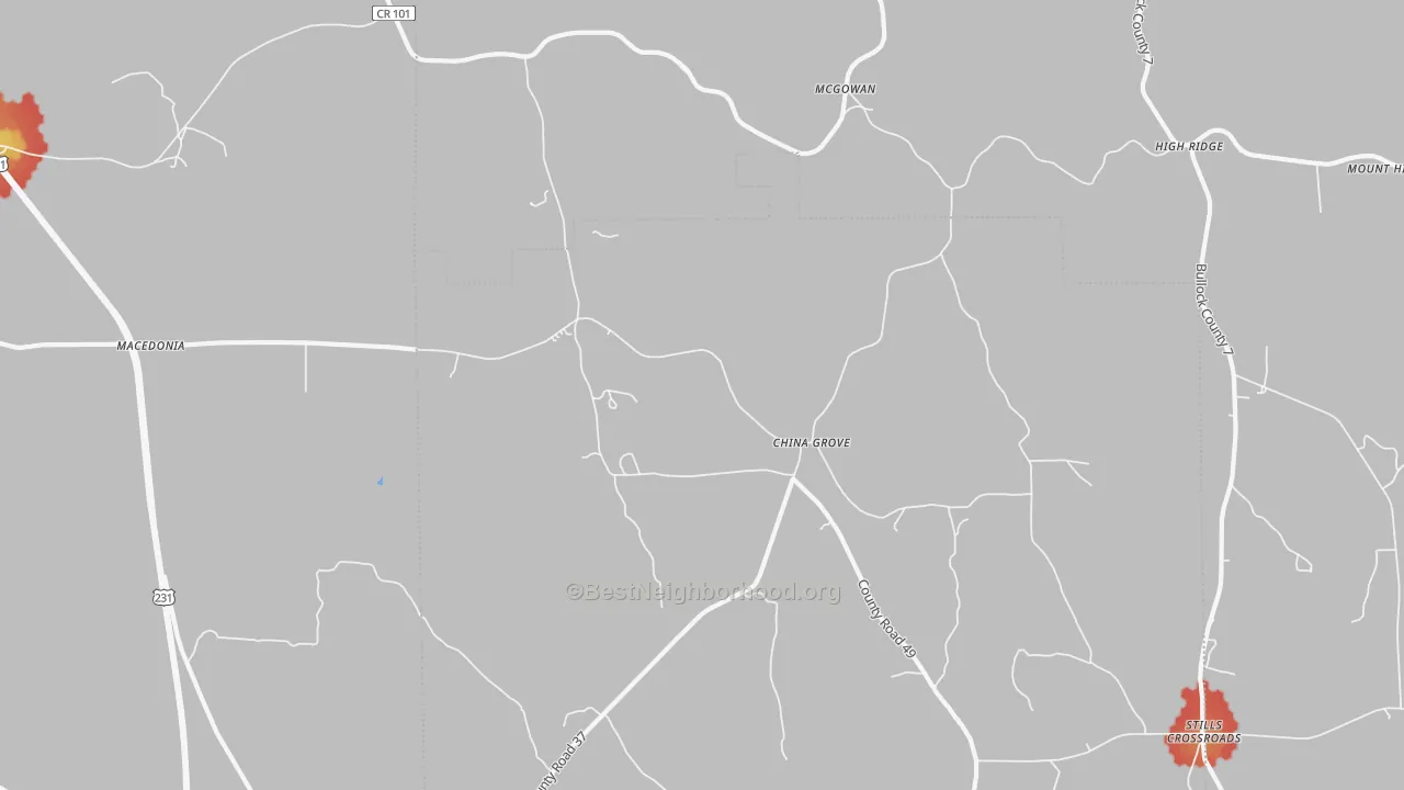 Walk Grade map of China Grove, AL, walkable areas in green and car-dependent areas in red