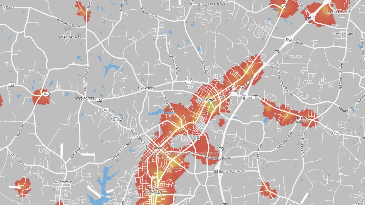 Walk Grade map of China Grove, NC, walkable areas in green and car-dependent areas in red
