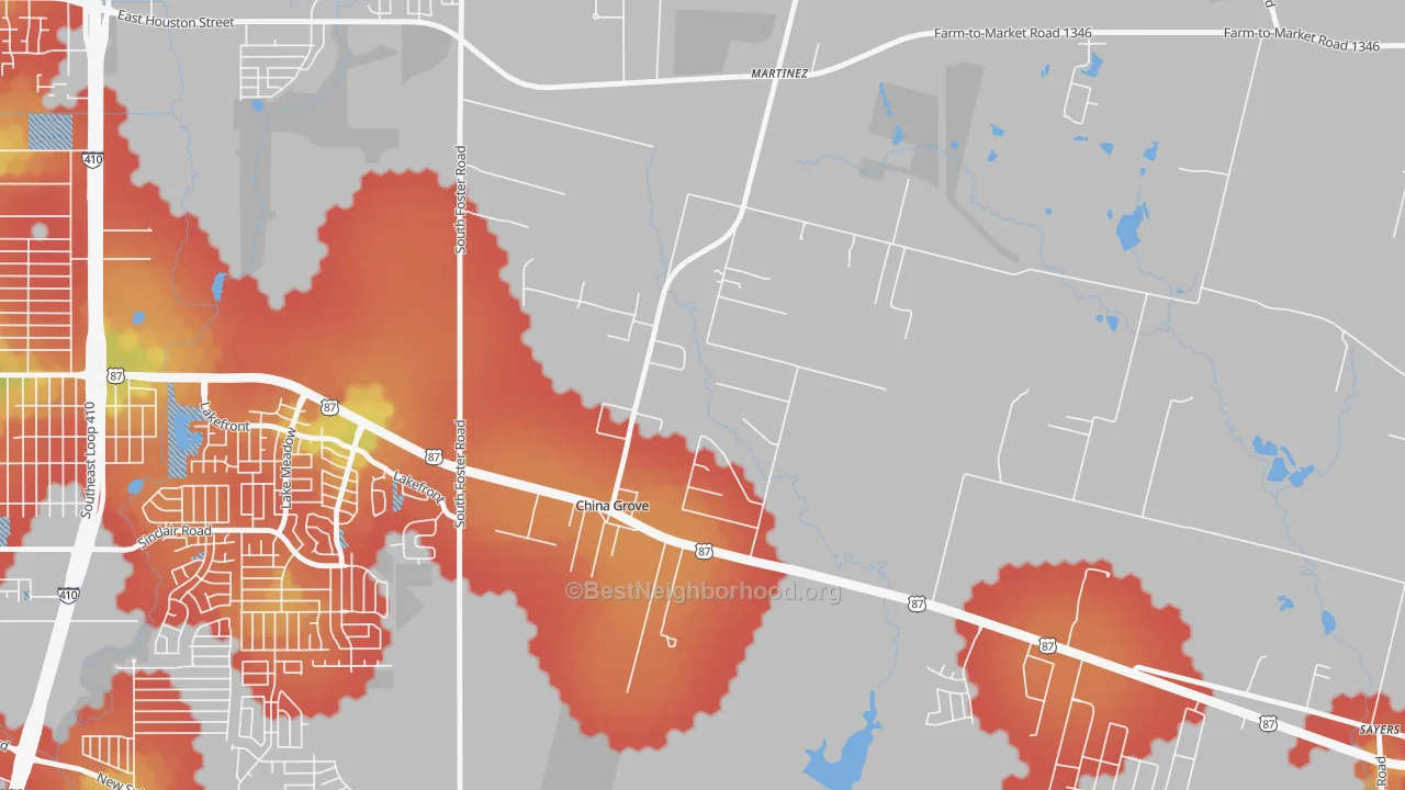 Walk Grade map of China Grove, TX, walkable areas in green and car-dependent areas in red
