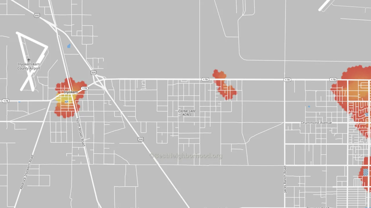 Walk Grade map of China Lake Acres, CA, walkable areas in green and car-dependent areas in red