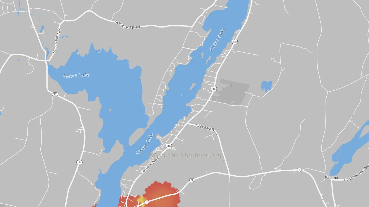 Walk Grade map of China, ME, walkable areas in green and car-dependent areas in red
