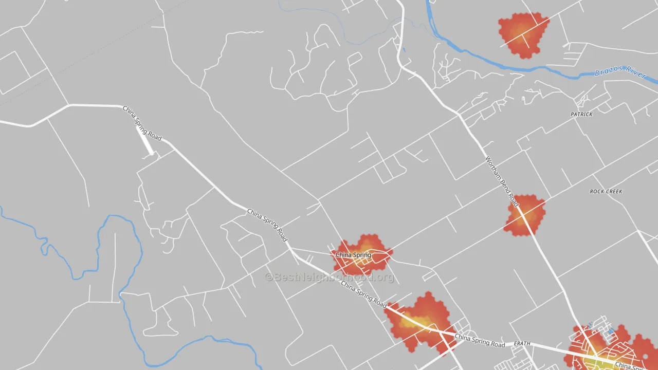 Walk Grade map of China Spring, TX, walkable areas in green and car-dependent areas in red