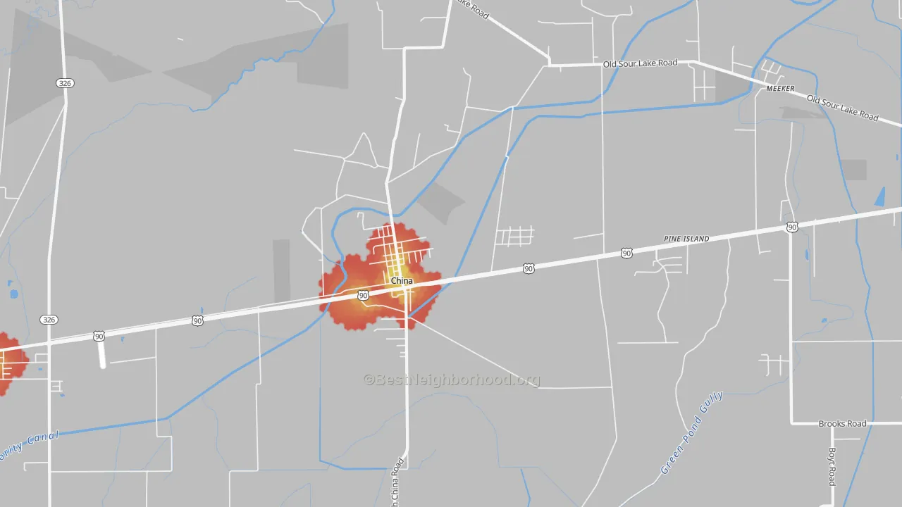 Walk Grade map of China, TX, walkable areas in green and car-dependent areas in red