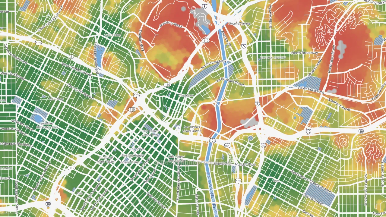 Walk Grade map of Chinatown, Los Angeles, CA, walkable areas in green and car-dependent areas in red