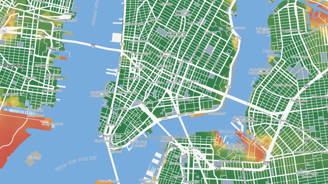 Walk Grade map of Chinatown, Manhattan, NY, walkable areas in green and car-dependent areas in red
