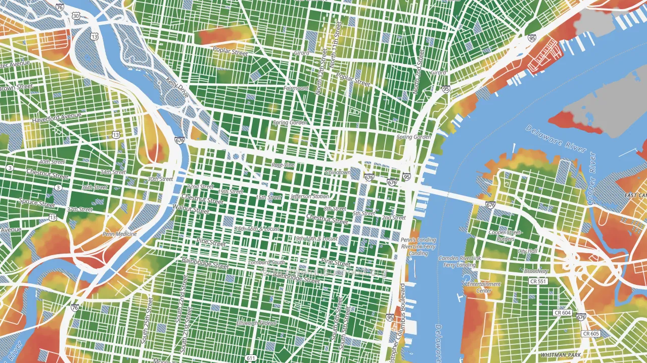 Walk Grade map of Chinatown, Philadelphia, PA, walkable areas in green and car-dependent areas in red