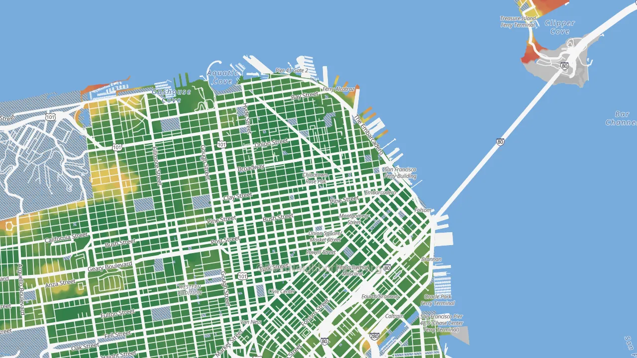 Walk Grade map of Chinatown-San Francisco, San Francisco, CA, walkable areas in green and car-dependent areas in red