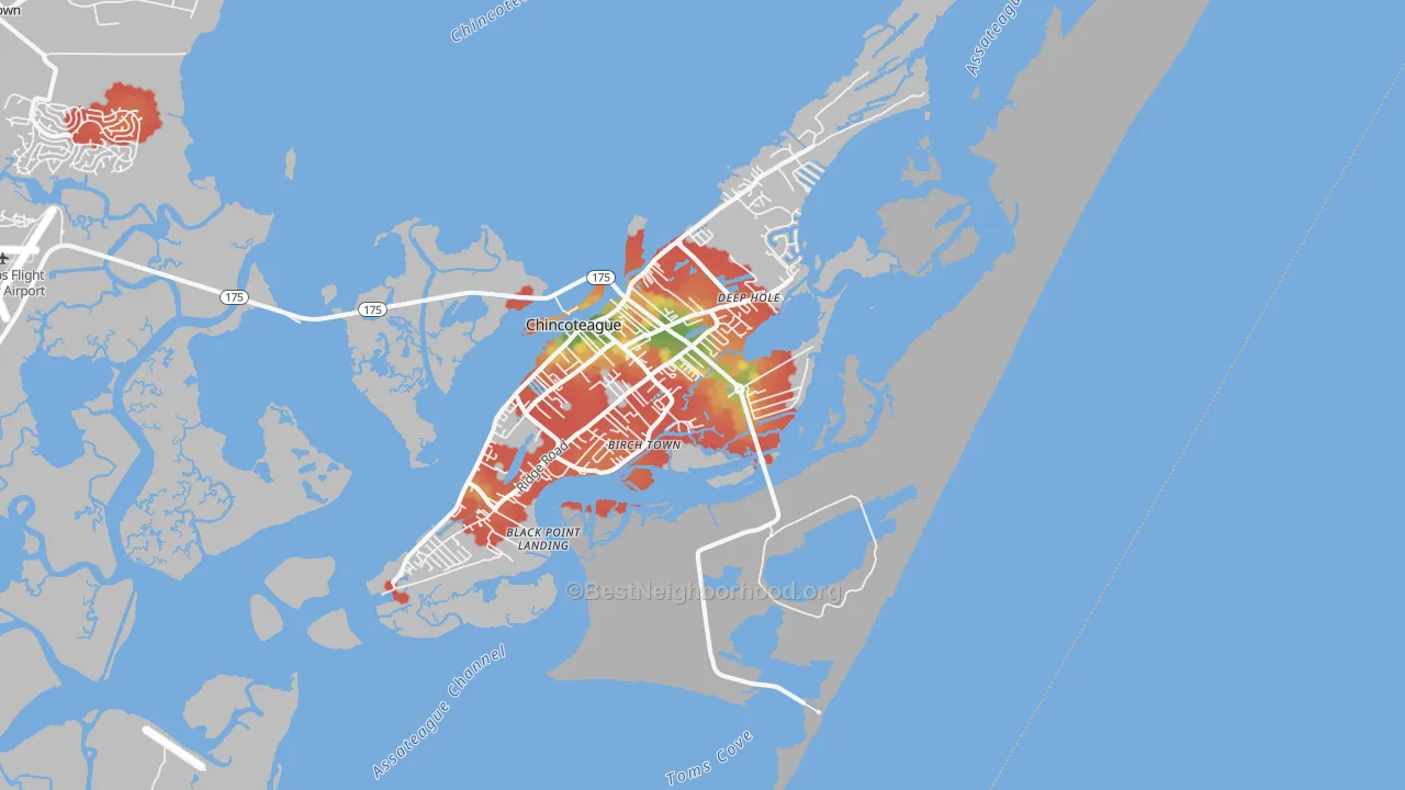 Walk Grade map of Chincoteague Island, VA, walkable areas in green and car-dependent areas in red