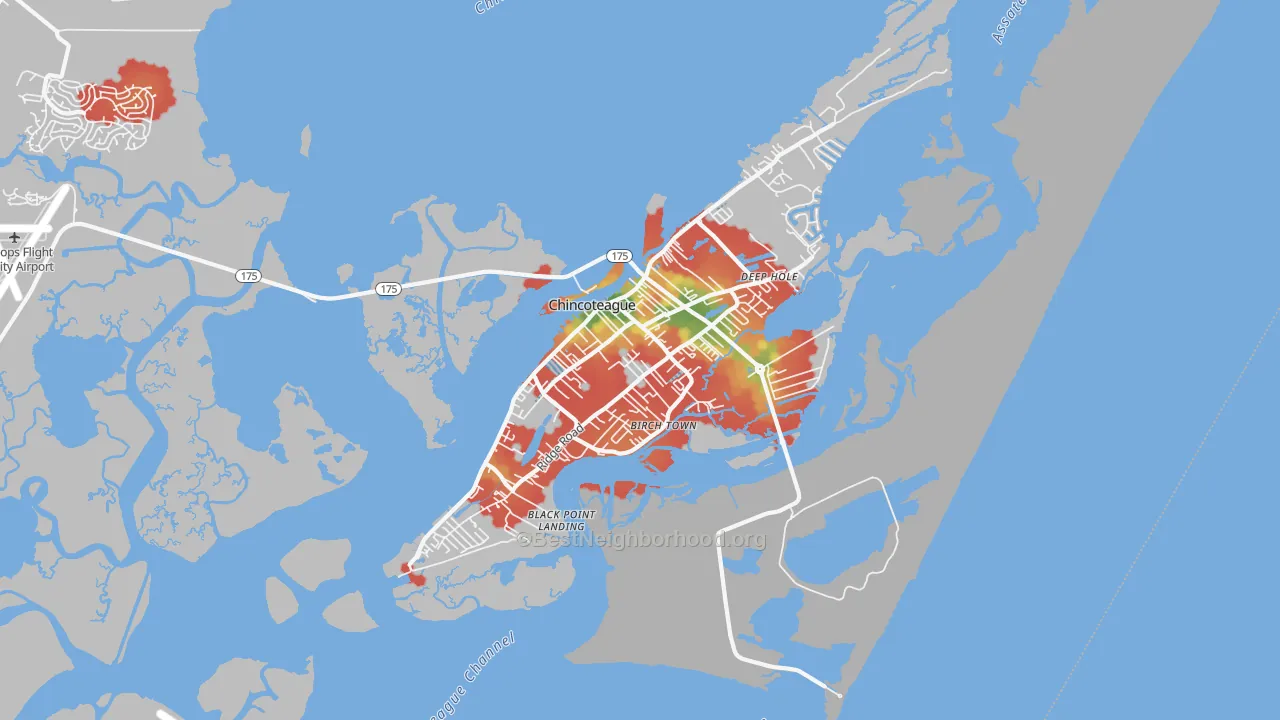 Walk Grade map of Chincoteague, VA, walkable areas in green and car-dependent areas in red
