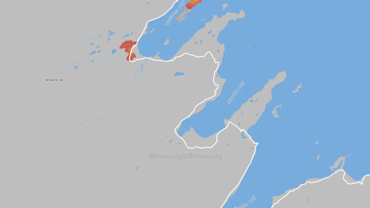 Walk Grade map of Chiniak, AK, walkable areas in green and car-dependent areas in red