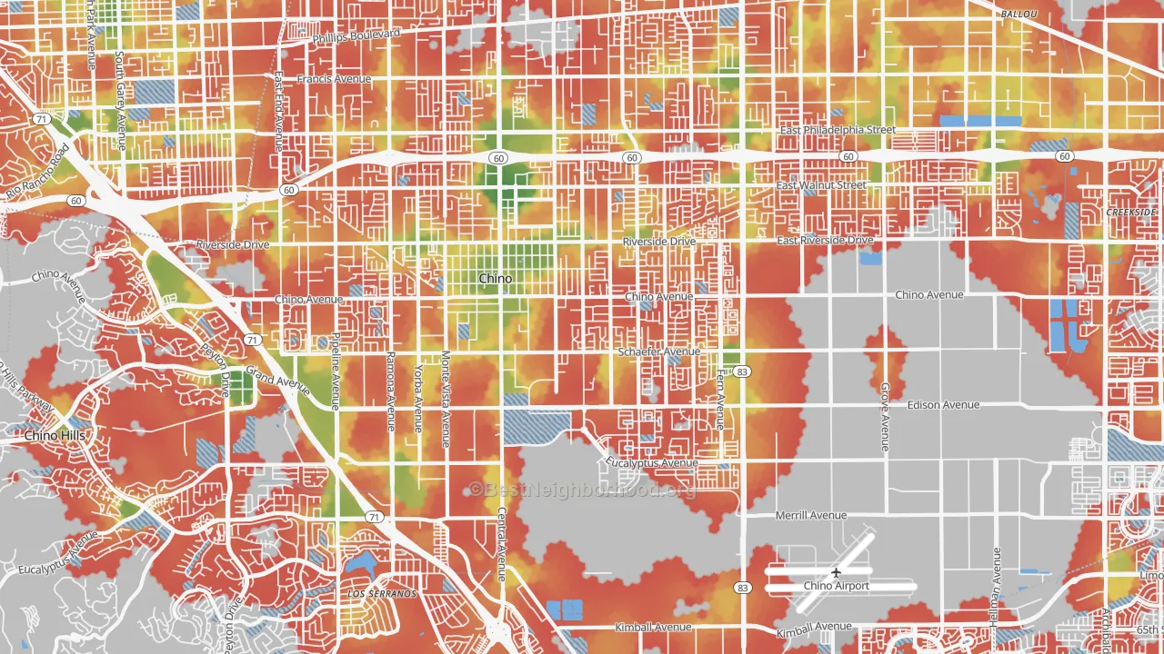 Walk Grade map of Chino, CA, walkable areas in green and car-dependent areas in red