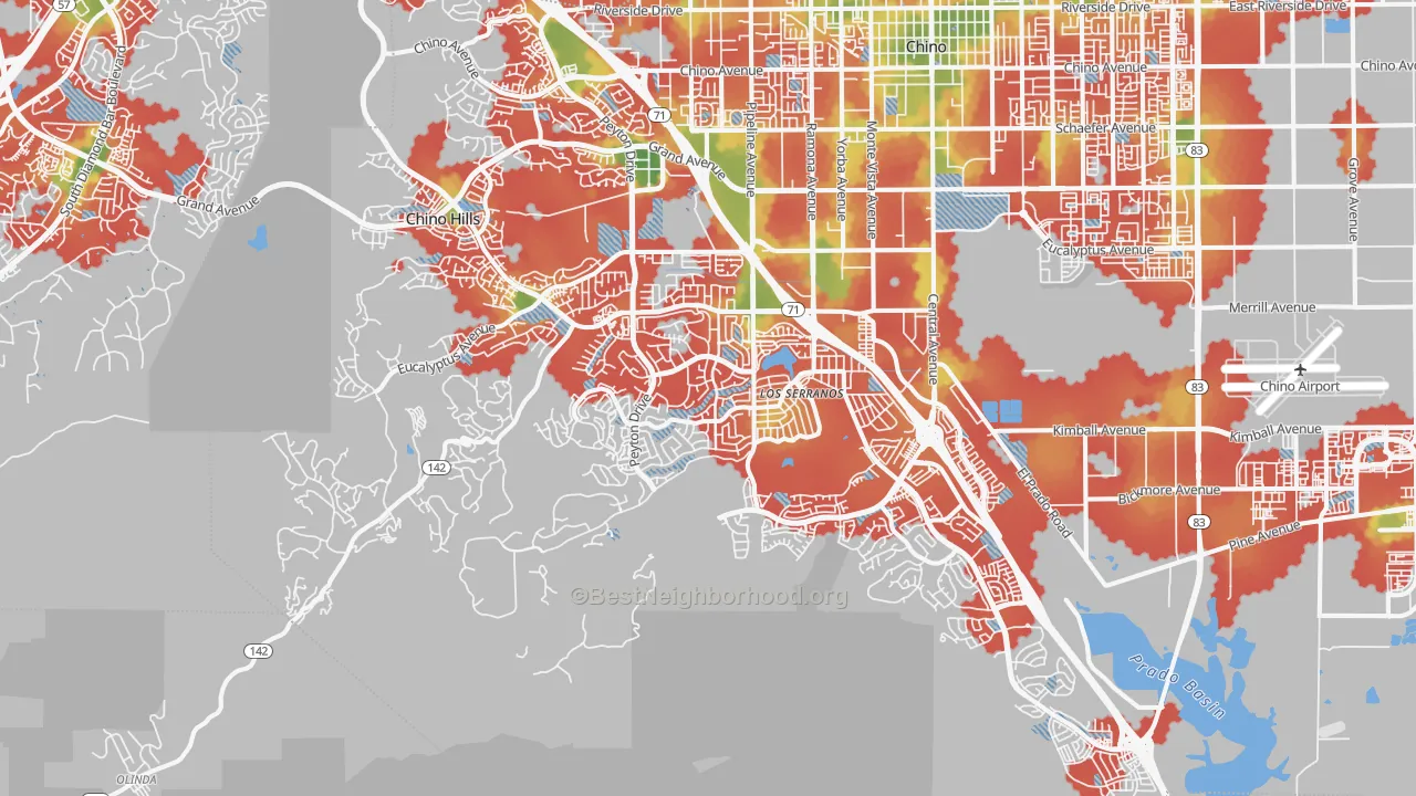 Walk Grade map of Chino Hills, CA, walkable areas in green and car-dependent areas in red
