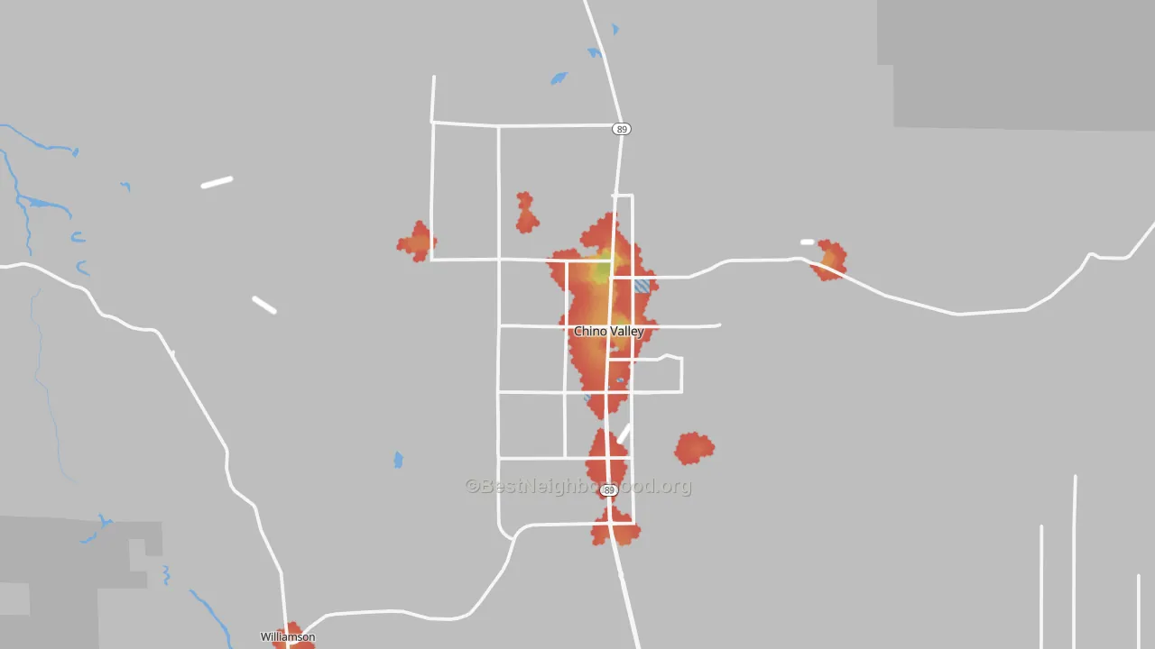 Walk Grade map of Chino Valley, AZ, walkable areas in green and car-dependent areas in red