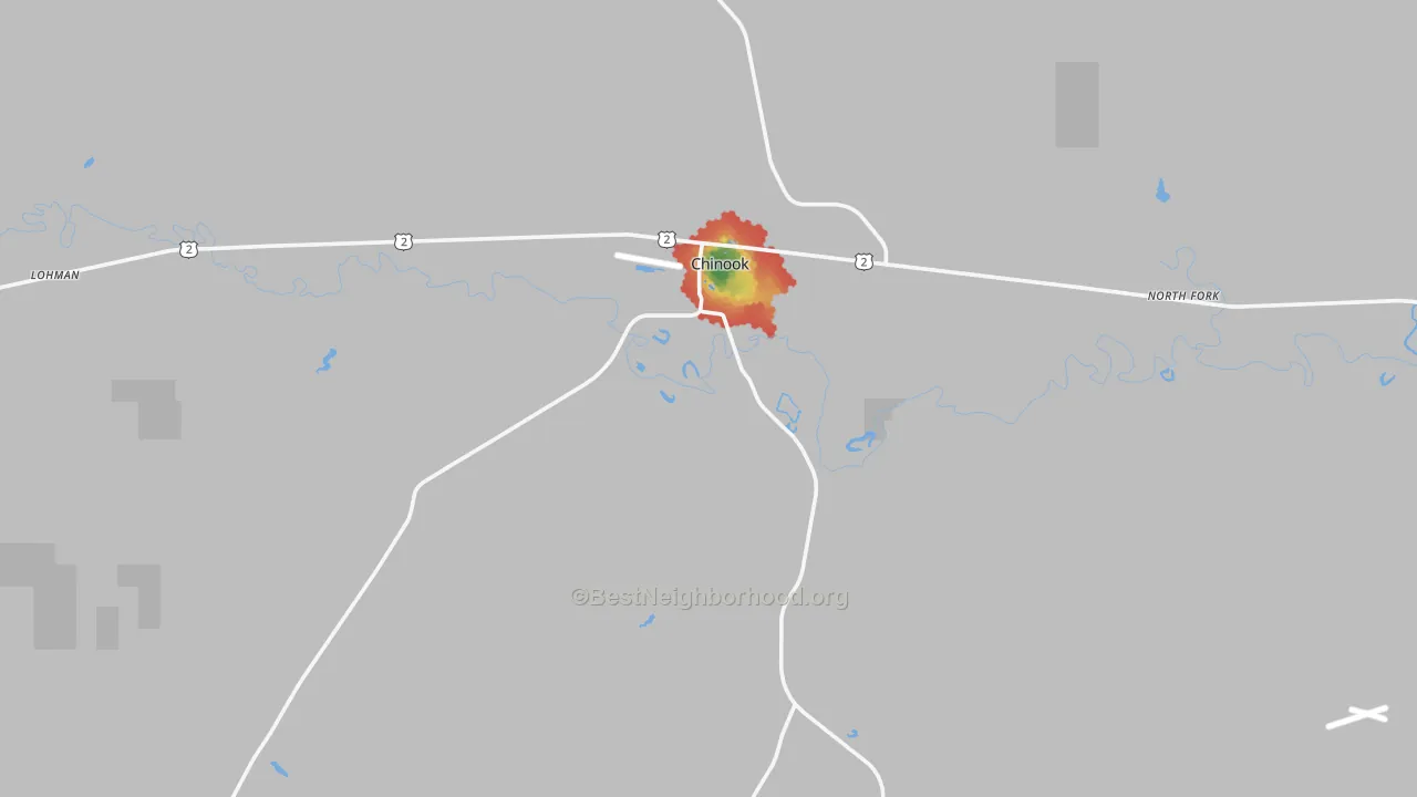 Walk Grade map of Chinook, MT, walkable areas in green and car-dependent areas in red