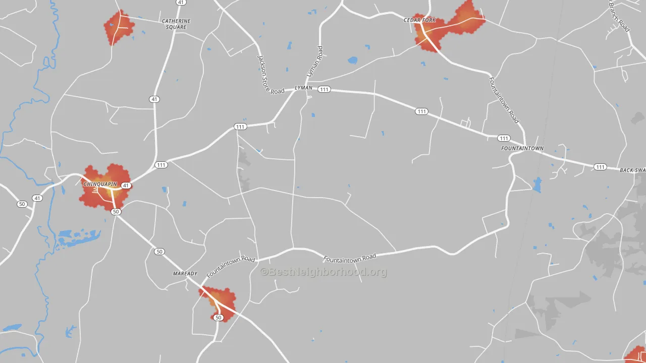 Walk Grade map of Chinquapin, NC, walkable areas in green and car-dependent areas in red