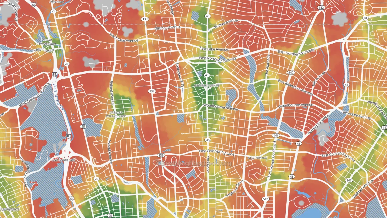 Walk Grade map of Chinquapin Park-Belvedere, Baltimore, MD, walkable areas in green and car-dependent areas in red