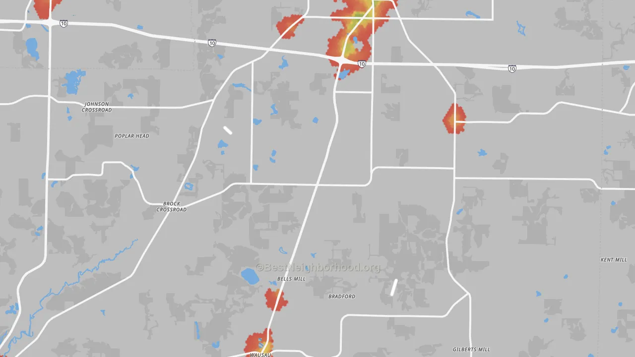 Walk Grade map of Chipley, FL, walkable areas in green and car-dependent areas in red