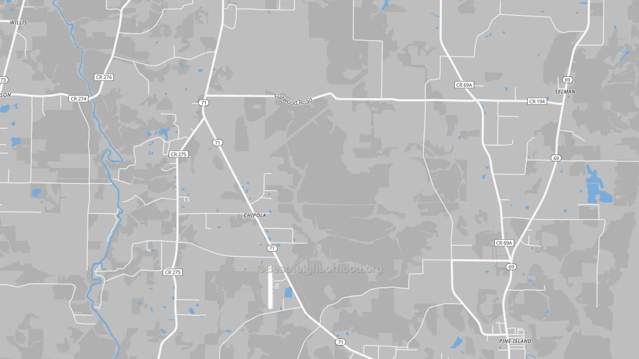 Walk Grade map of Chipola, FL, walkable areas in green and car-dependent areas in red