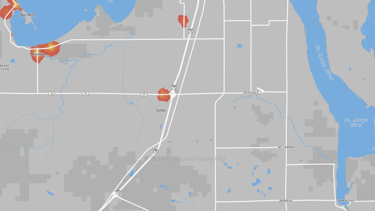 Walk Grade map of Chippewa County, MI, walkable areas in green and car-dependent areas in red