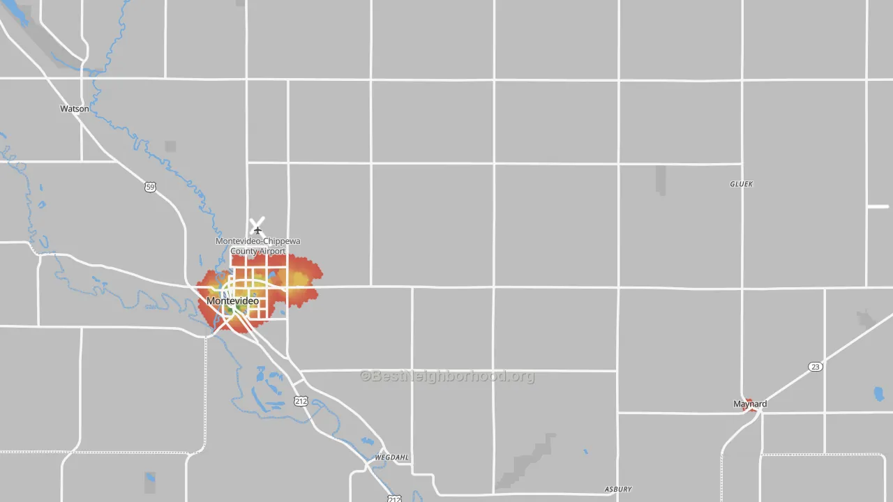 Walk Grade map of Chippewa County, MN, walkable areas in green and car-dependent areas in red