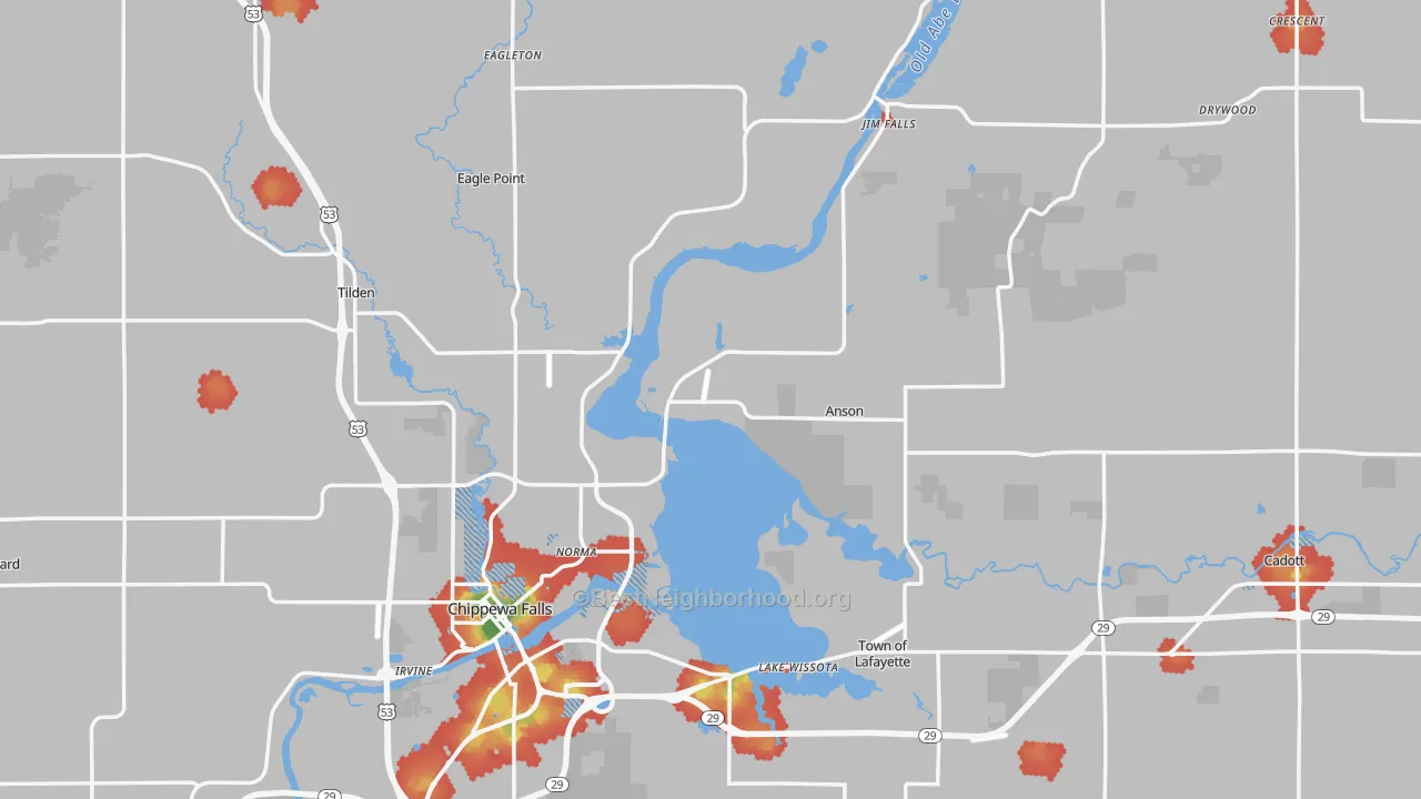 Walk Grade map of Chippewa County, WI, walkable areas in green and car-dependent areas in red
