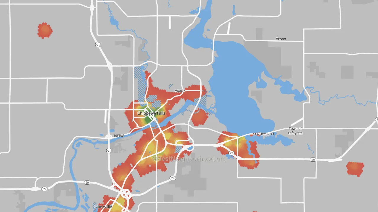 Walk Grade map of Chippewa Falls, WI, walkable areas in green and car-dependent areas in red