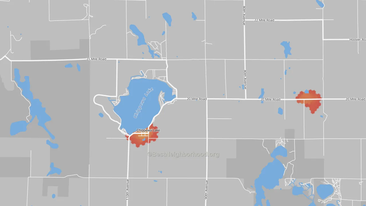 Walk Grade map of Chippewa Lake, MI, walkable areas in green and car-dependent areas in red