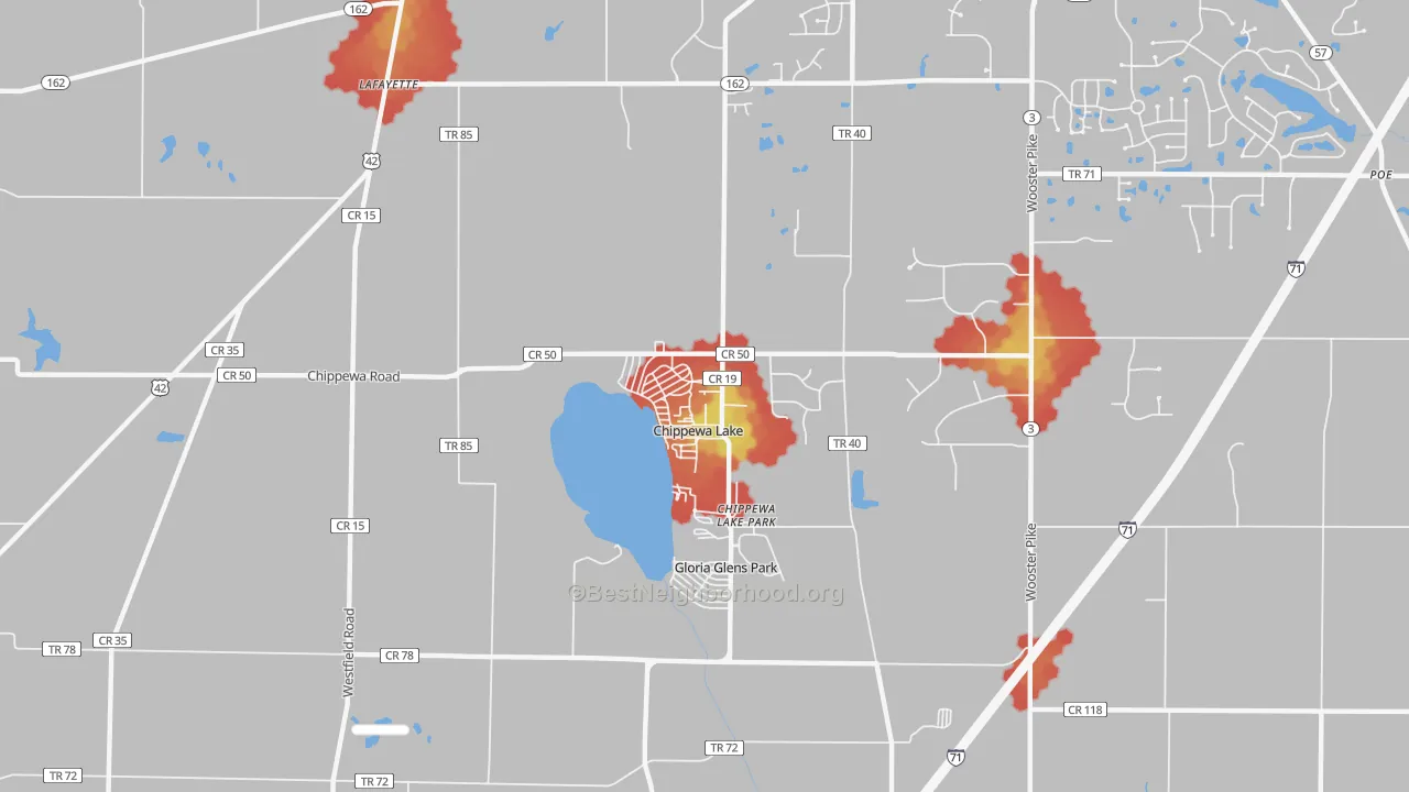 Walk Grade map of Chippewa Lake, OH, walkable areas in green and car-dependent areas in red