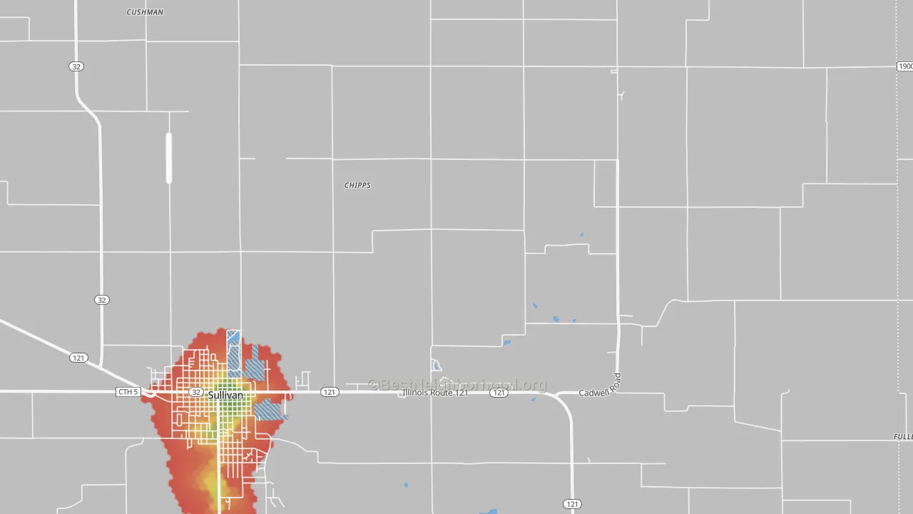 Walk Grade map of Chipps, IL, walkable areas in green and car-dependent areas in red