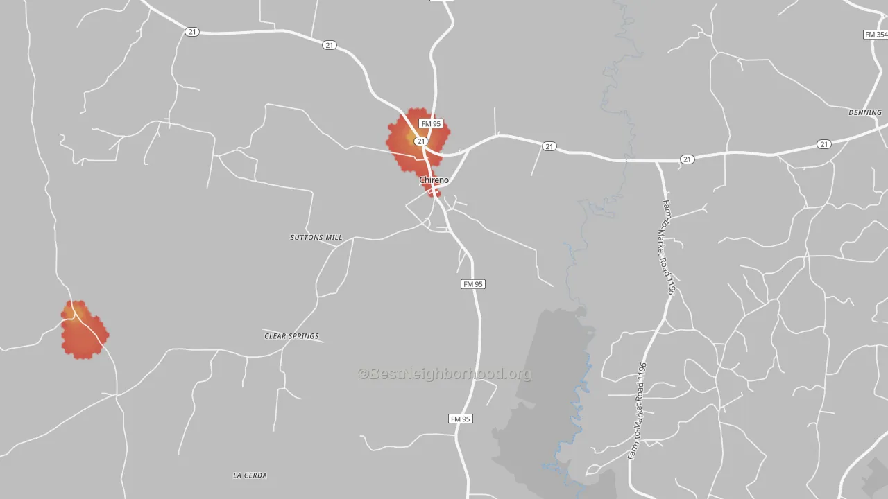 Walk Grade map of Chireno, TX, walkable areas in green and car-dependent areas in red