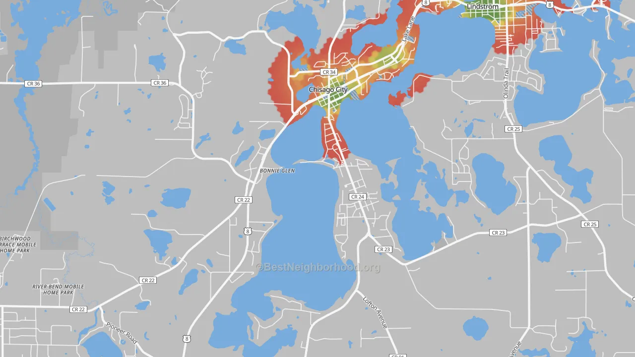Walk Grade map of Chisago City, MN, walkable areas in green and car-dependent areas in red