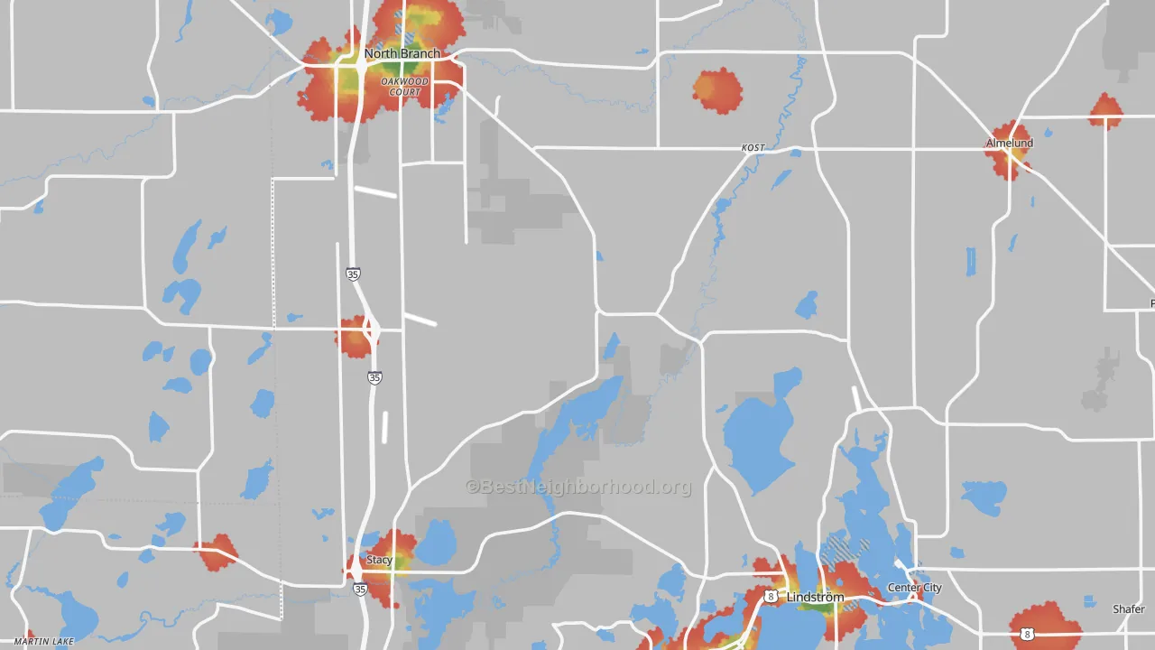 Walk Grade map of Chisago County, MN, walkable areas in green and car-dependent areas in red
