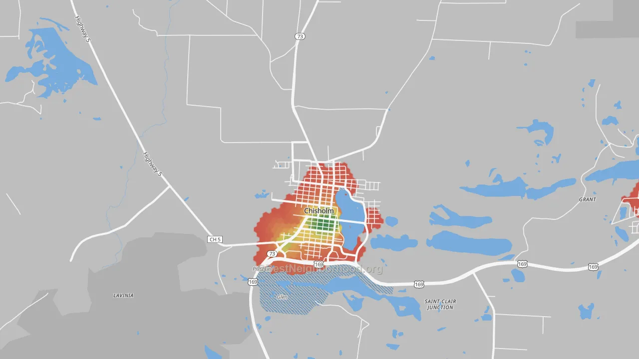 Walk Grade map of Chisholm, MN, walkable areas in green and car-dependent areas in red