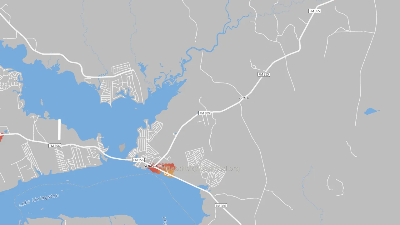 Walk Grade map of Chita, TX, walkable areas in green and car-dependent areas in red