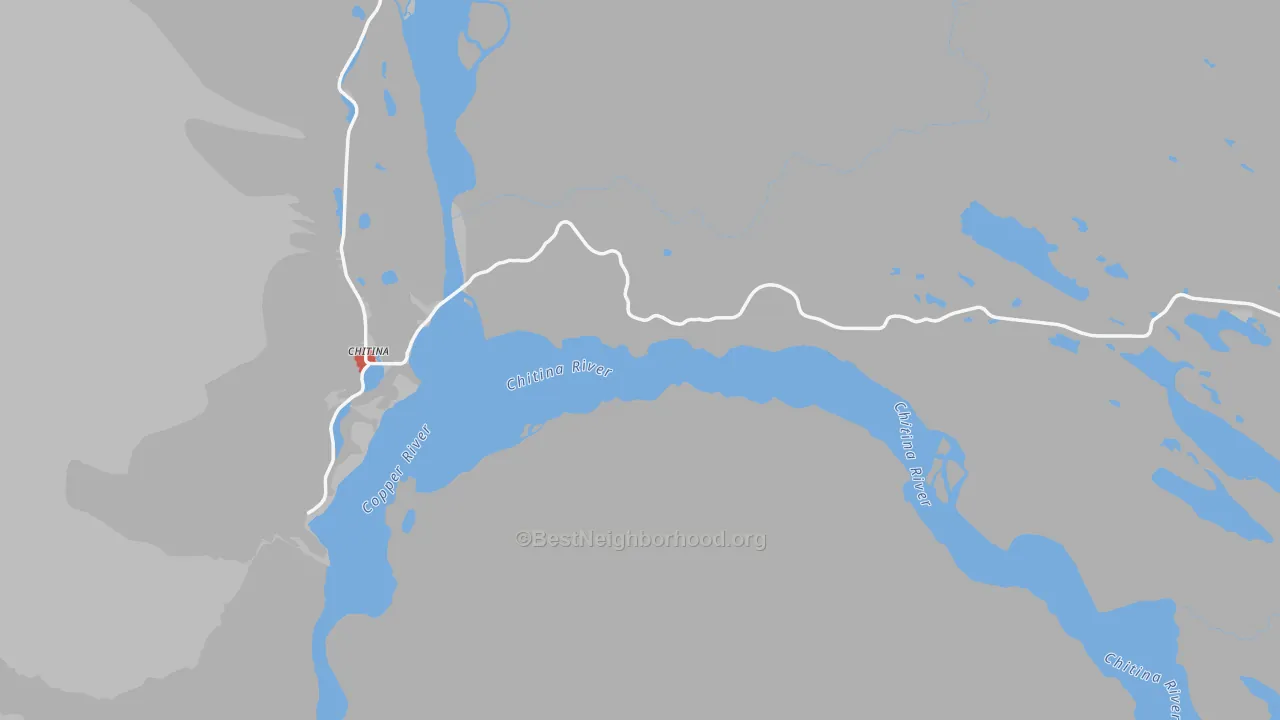 Walk Grade map of Chitina, AK, walkable areas in green and car-dependent areas in red