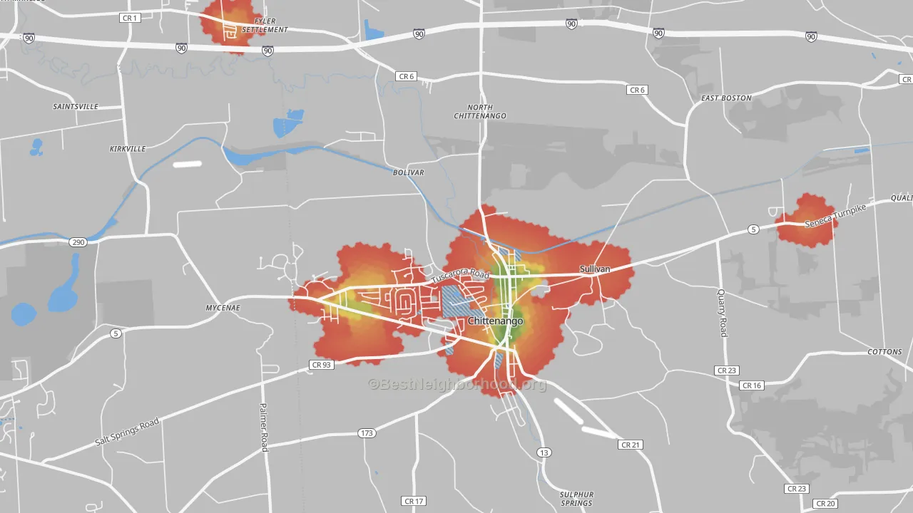 Walk Grade map of Chittenango, NY, walkable areas in green and car-dependent areas in red