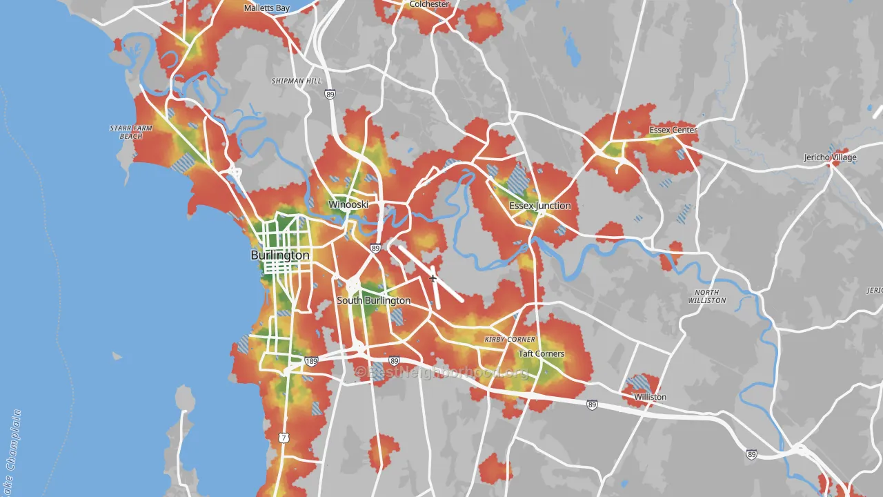 Walk Grade map of Chittenden County, VT, walkable areas in green and car-dependent areas in red