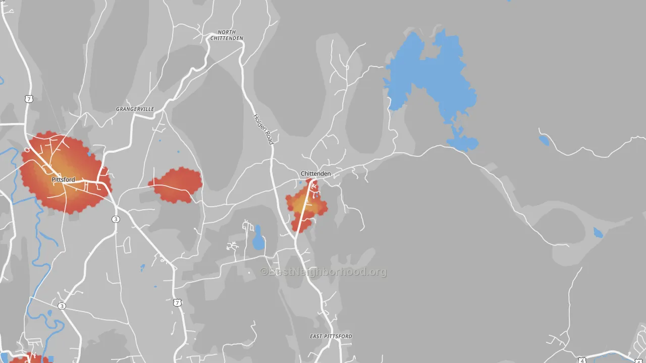 Walk Grade map of Chittenden, VT, walkable areas in green and car-dependent areas in red
