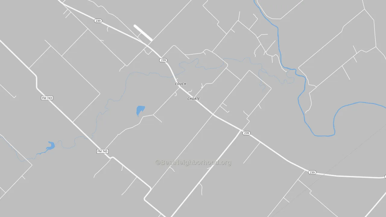 Walk Grade map of Choate, TX, walkable areas in green and car-dependent areas in red
