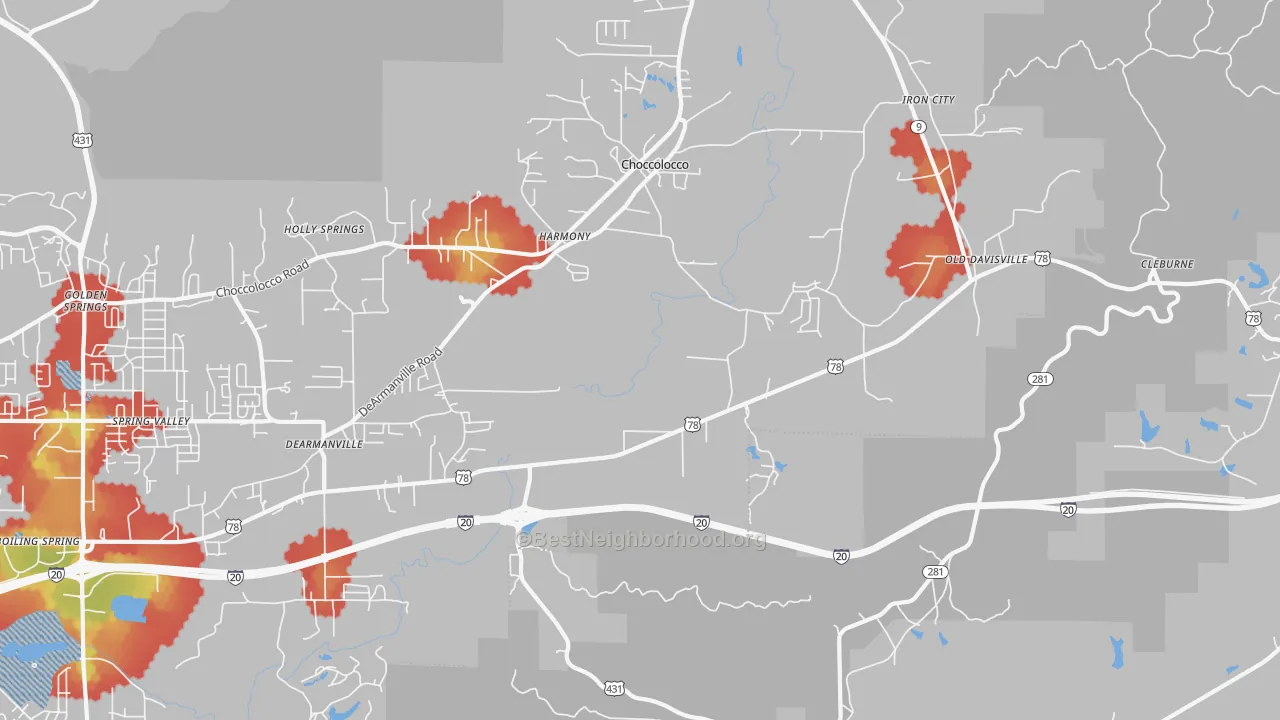 Walk Grade map of Choccolocco, AL, walkable areas in green and car-dependent areas in red
