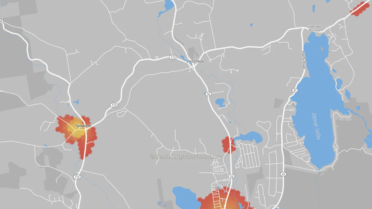 Walk Grade map of Chocorua, NH, walkable areas in green and car-dependent areas in red