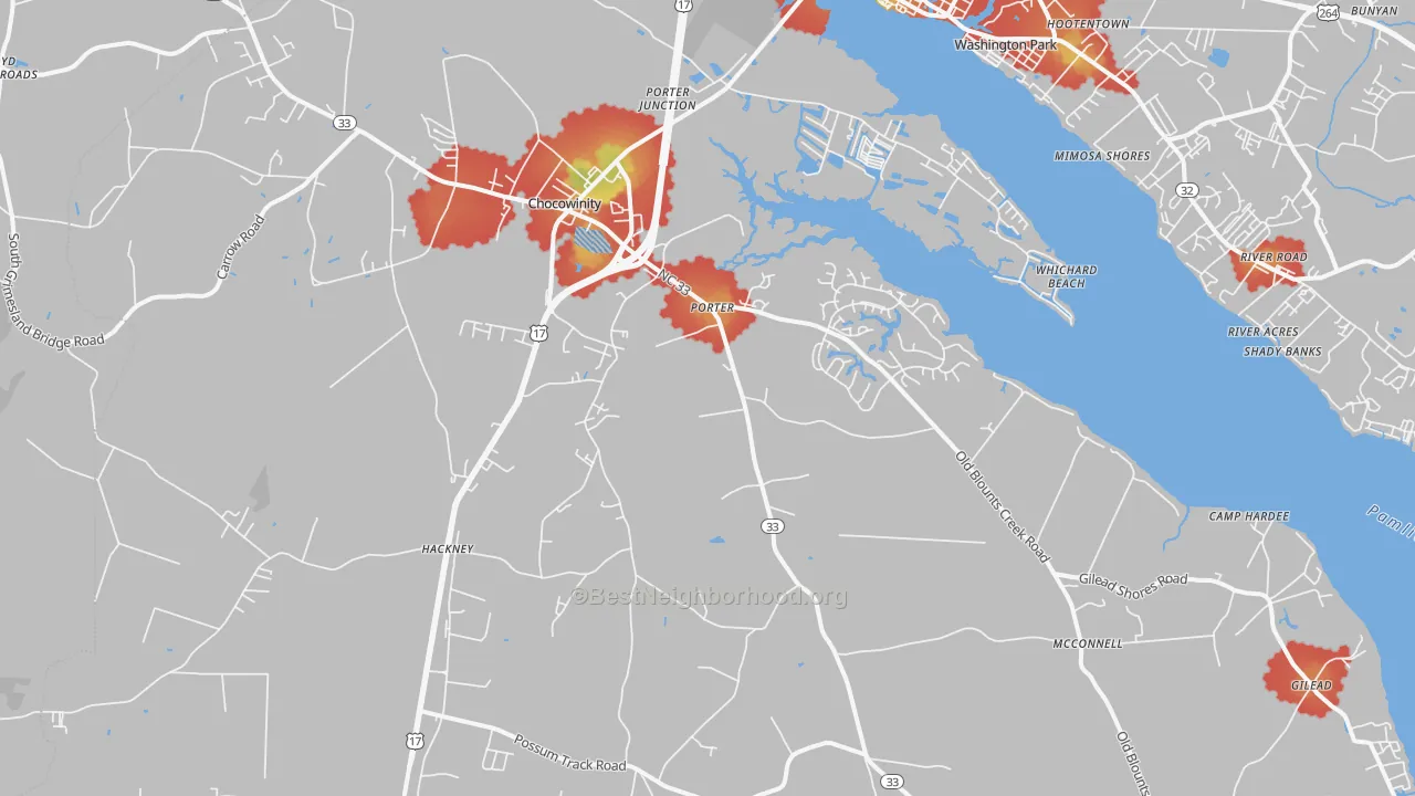 Walk Grade map of Chocowinity, NC, walkable areas in green and car-dependent areas in red