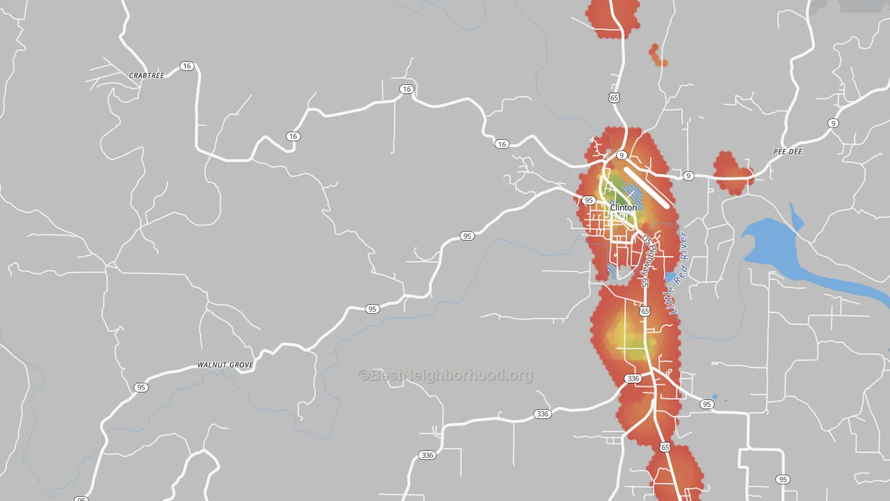 Walk Grade map of Choctaw, AR, walkable areas in green and car-dependent areas in red