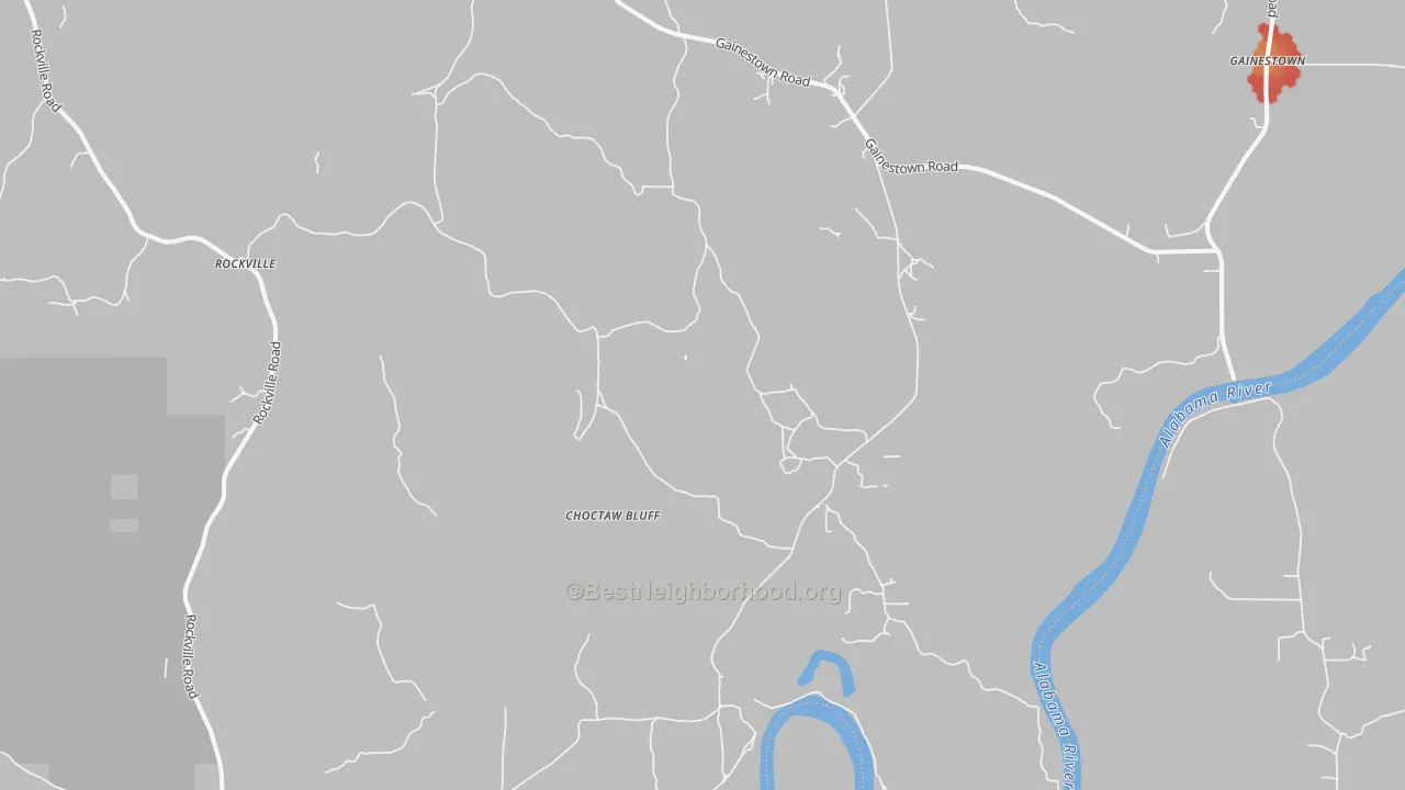Walk Grade map of Choctaw Bluff, AL, walkable areas in green and car-dependent areas in red