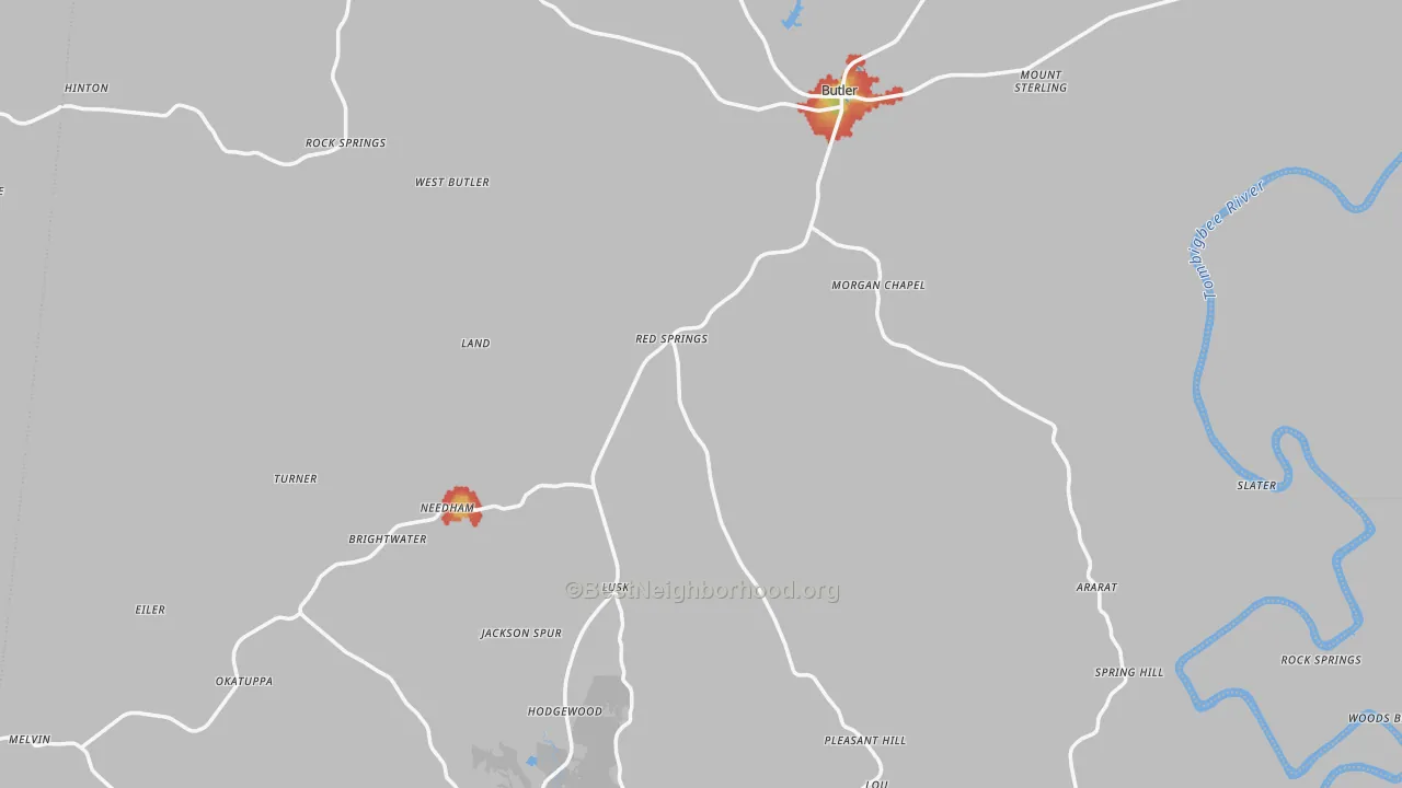 Walk Grade map of Choctaw County, AL, walkable areas in green and car-dependent areas in red
