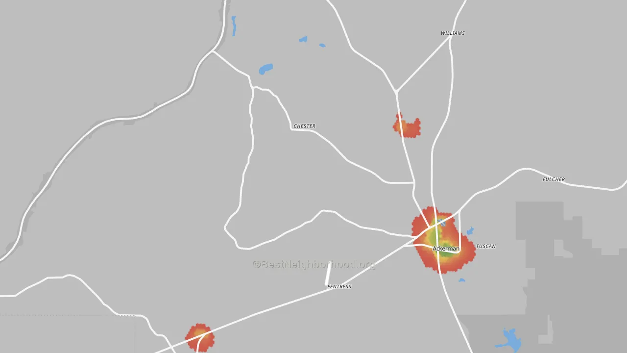 Walk Grade map of Choctaw County, MS, walkable areas in green and car-dependent areas in red