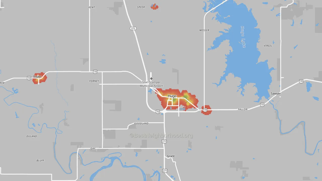 Walk Grade map of Choctaw County, OK, walkable areas in green and car-dependent areas in red