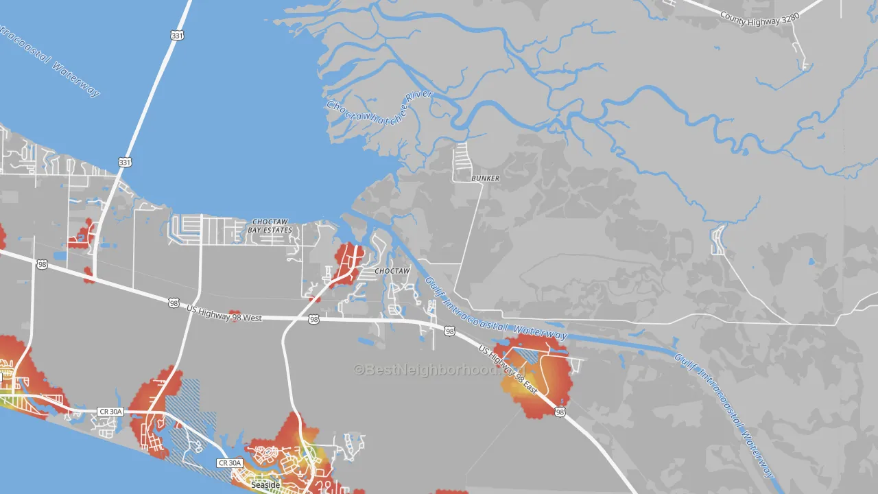 Walk Grade map of Choctaw, FL, walkable areas in green and car-dependent areas in red